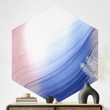Carta da parati esagonale adesiva con disegni - Danza di colori mélange blu con rosa