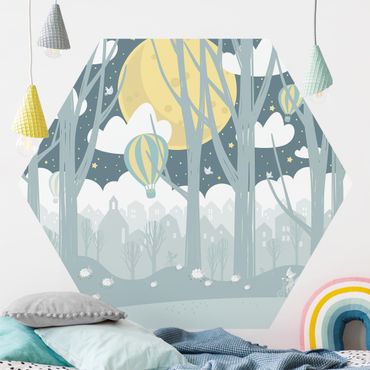 Carta da parati esagonale adesiva con disegni - Luna con alberi e case