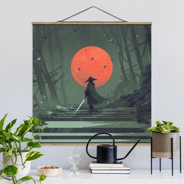 Foto su tessuto da parete con bastone - Ninja al chiaro di luna rosso - Quadrato 1:1