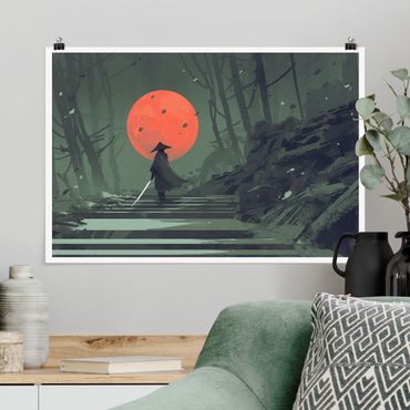Poster riproduzione - Ninja al chiaro di luna rosso