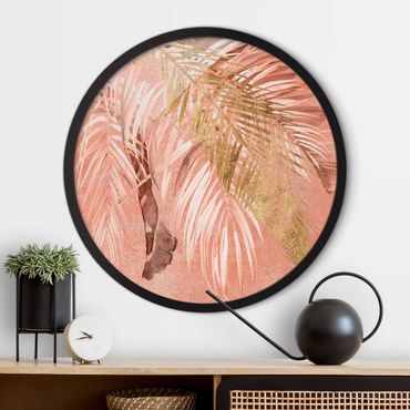 Quadro rotondo incorniciato - Foglie di palma rosa e oro II