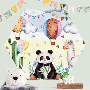 Carta da parati esagonale adesiva con disegni - Panda e lama in acquerello