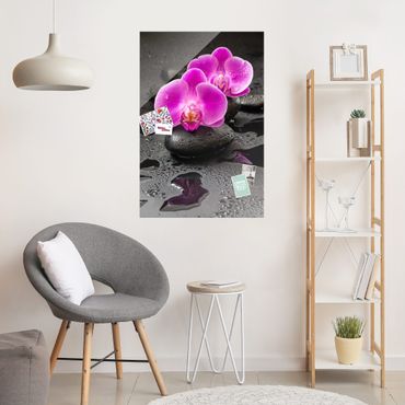 Quadro in vetro - Pink Orchid Fiori Sulle Pietre Con Le Gocce - Verticale 3:2
