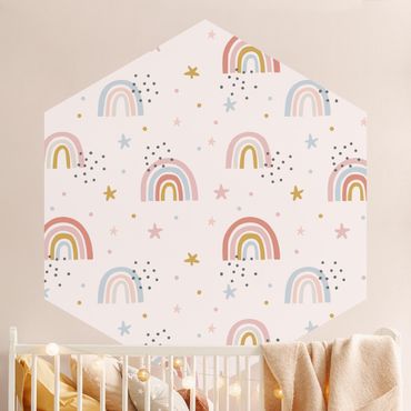 Carta da parati esagonale adesiva con disegni - Mondo arcobaleno con stelle e puntini
