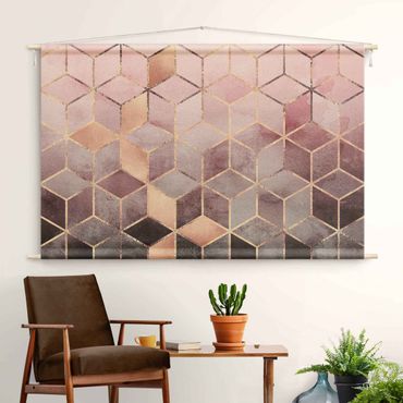 Arazzo da parete - Geometria dorata con rosa e grigio