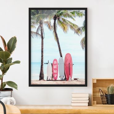 Poster con cornice - Tavole da surf rosa sotto le palme