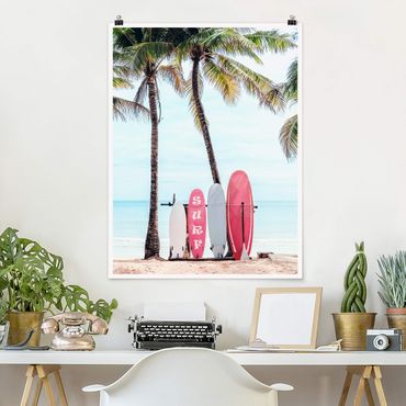Poster riproduzione - Tavole da surf rosa sotto le palme