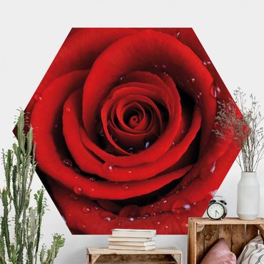 Carta da parati esagonale adesiva con disegni - Rose rosse con gocce d'acqua