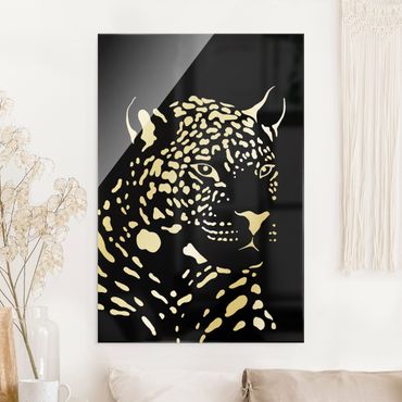 Quadro in vetro - Animali del safari - Ritratto di leopardo in nero - Formato verticale