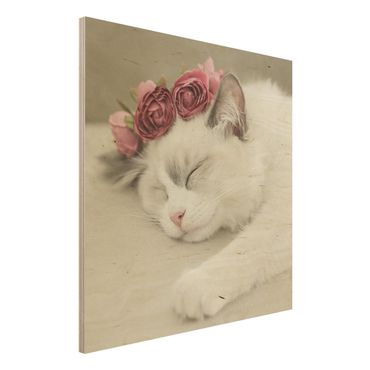 Stampa su legno - Gatto che dorme con rose