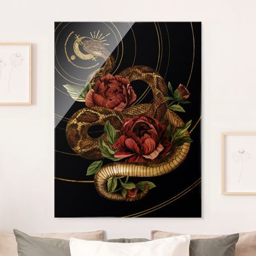 Quadro in vetro - Serpente con rose in nero e oro I - Formato verticale