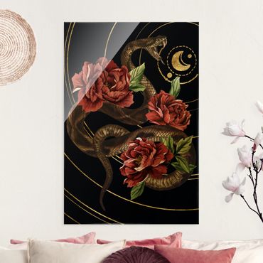 Quadro in vetro - Serpente con rose in nero e oro II - Formato verticale