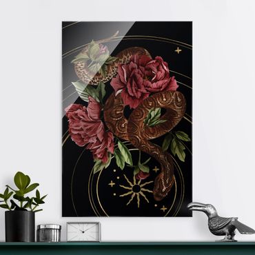 Quadro in vetro - Serpente con rose in nero e oro III - Formato verticale