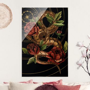 Quadro in vetro - Serpente con rose in nero e oro IV - Formato verticale