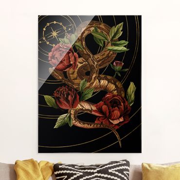 Quadro in vetro - Serpente con rose in nero e oro IV - Formato verticale