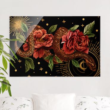 Quadro in vetro - Serpente con rose su sfondo nero e oro II - Formato orizzontale