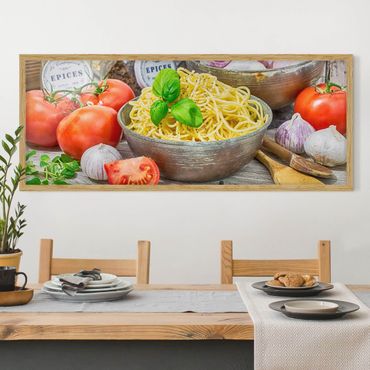 Poster con cornice - Ciotola di spaghetti con basilico