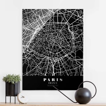 Quadro in vetro - Pianta della città Parigi - Classico nero - Formato verticale