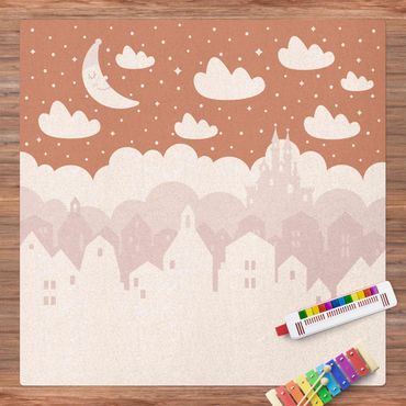 Tappetino di sughero - Cielo stellato con case e luna in rosa - Quadrato 1:1