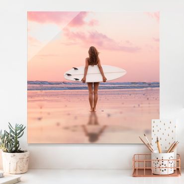 Quadro in vetro - Surfista con tavola al tramonto