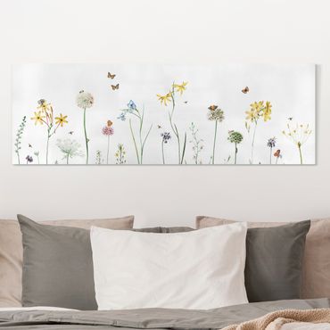 Stampa su tela - Farfalle danzanti su fiori selvatici - Panorama 3:1