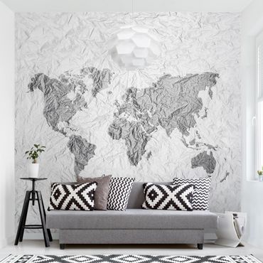 Carta da parati - Mappa del mondo effetto carta bianco grigio