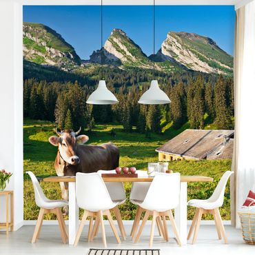 Carta da parati - Swiss Alpine meadow with cow