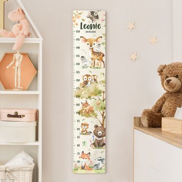 Metro da parete per bambini di legno - Animali della foresta ad acquerello con nome personalizzato