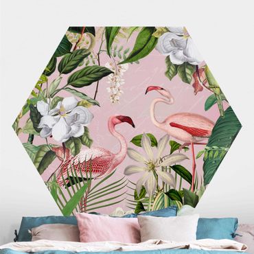 Carta da parati esagonale adesiva con disegni - Fenicotteri tropicali con piante in rosa