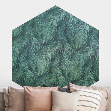 Carta da parati esagonale adesiva con disegni - Foglie di palme tropicale su gradiente turchese
