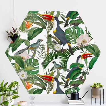 Carta da parati esagonale adesiva con disegni - Tucano tropicale con monstera e foglie di palma