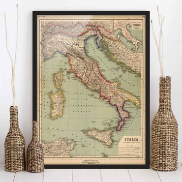 Poster con cornice - Cartina geografica vintage dell'Italia