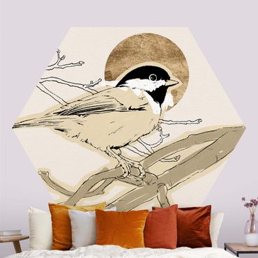 Carta da parati esagonale adesiva con disegni - Uccello nel sole dorato I