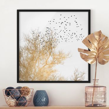 Poster con cornice - Stormo di uccelli davanti ad un albero dorato