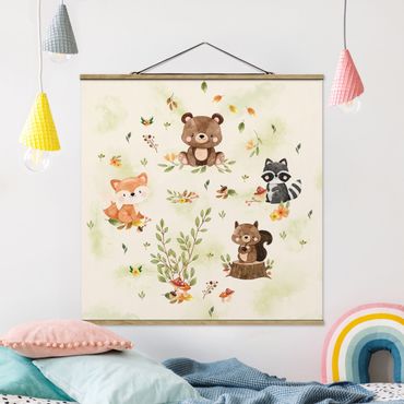 Foto su tessuto da parete con bastone - Animali della foresta in autunno volpe orso scoiattolo procione