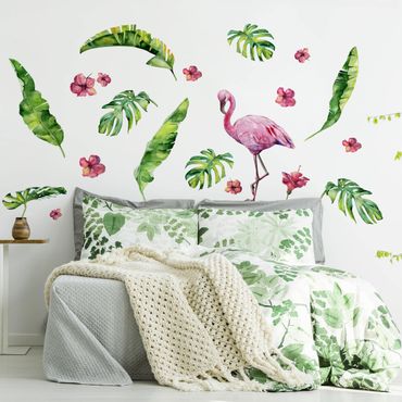 Adesivo murale fenicotteri - Set con fenicottero e foglie tropicali