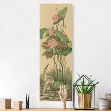 Quadro su tela naturale - Gru bianche sotto fiori di loto - Formato verticale 1:3