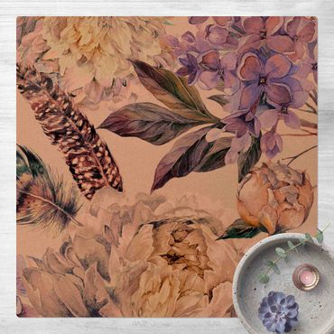 Tappetino di sughero - Trama di fiori delicati  e piume boho in acquerello - Quadrato 1:1