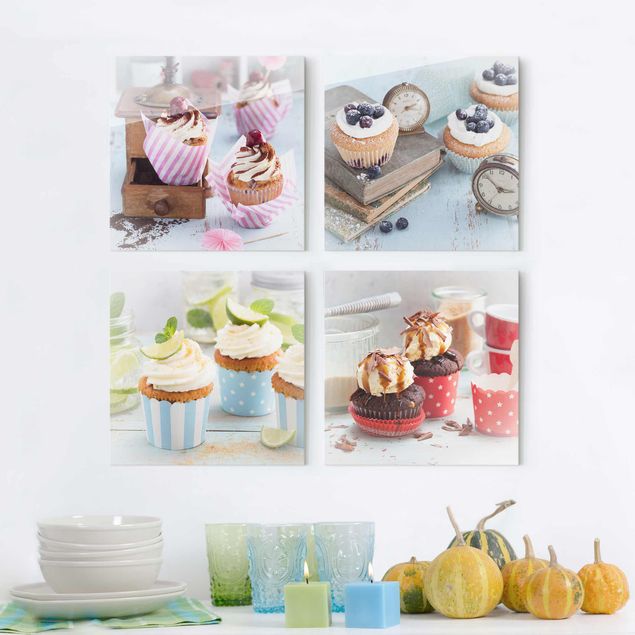 Quadro in vetro - Vintage Cupcakes with topping - 4 parti set