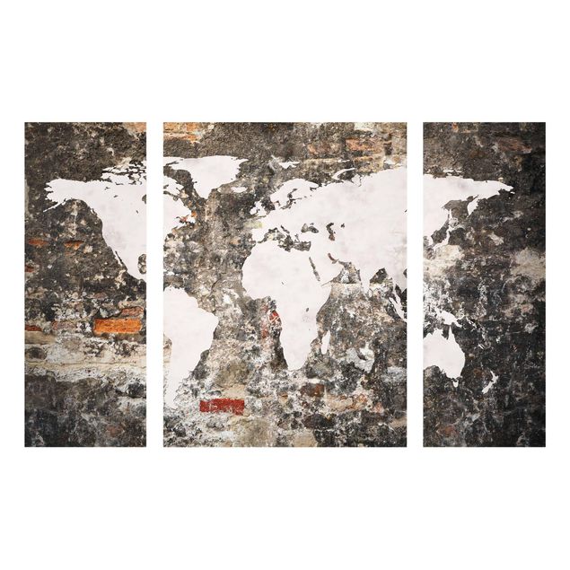 Quadro in vetro - Old wall world map - 3 parti