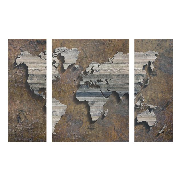Quadro in vetro - Wooden grid world map - 3 parti