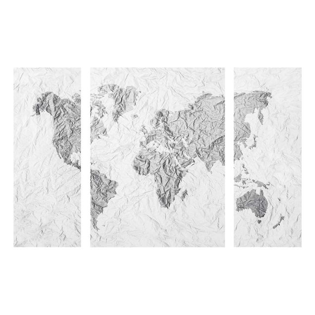Quadro in vetro - Paper world map White Gray - 3 parti