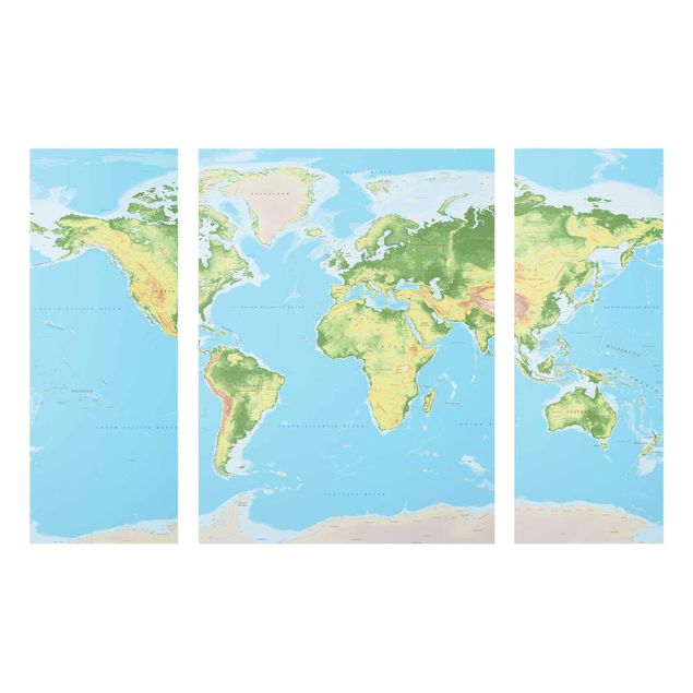 Quadro in vetro - Physical World Map - 3 parti
