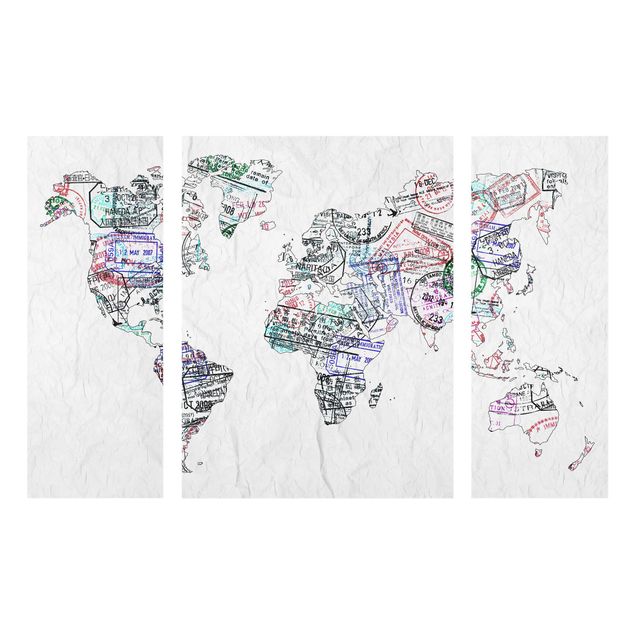Quadro in vetro - Passport stamp world map - 3 parti