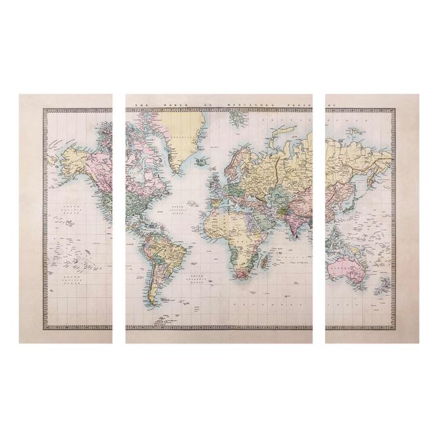 Quadro in vetro - Vintage World Map 1850 - 3 parti