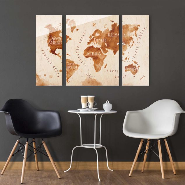 Quadro in vetro - World Map watercolor beige brown - 3 parti