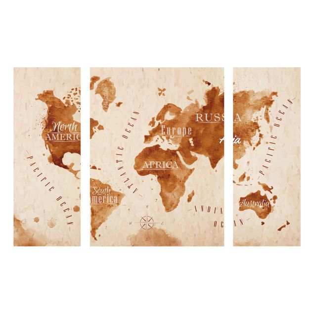 Quadro in vetro - World Map watercolor beige brown - 3 parti