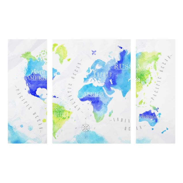 Quadro in vetro - World Map watercolor blue green - 3 parti