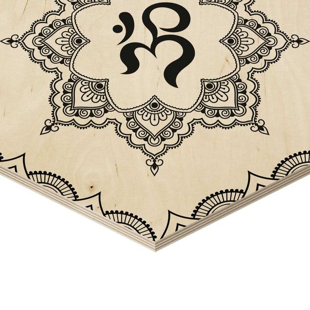 Esagono in legno - Hamsa mano Lotus Om Illustrazione Set Bianco e nero