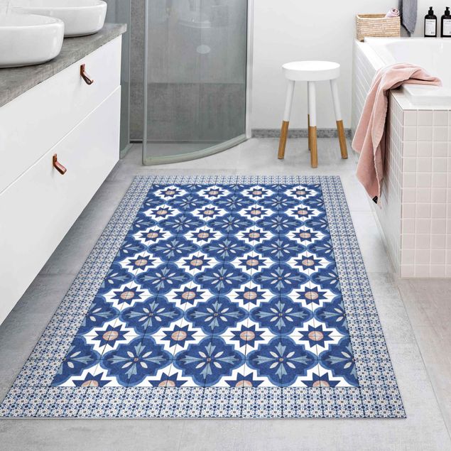 Tappeti bagno moderni Piastrelle marocchine acquerello blu con cornice di piastrelle